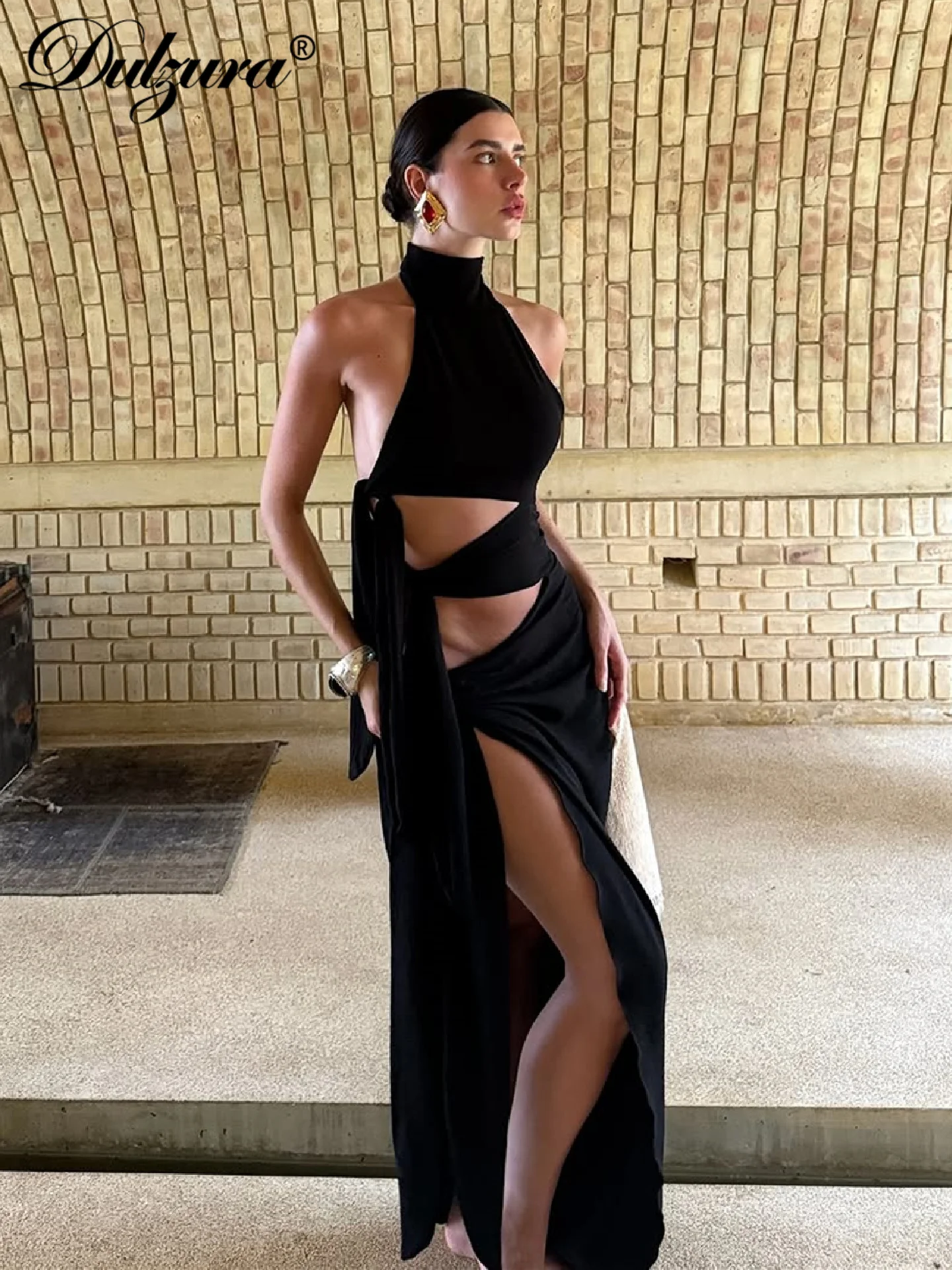 Dulzura الرسن بلا أكمام عارية الذراعين سليم الدانتيل يصل قطع الشريط غير النظامية فستان طويل الصلبة مثير فستان أنيق ملابس نادي الحفلات