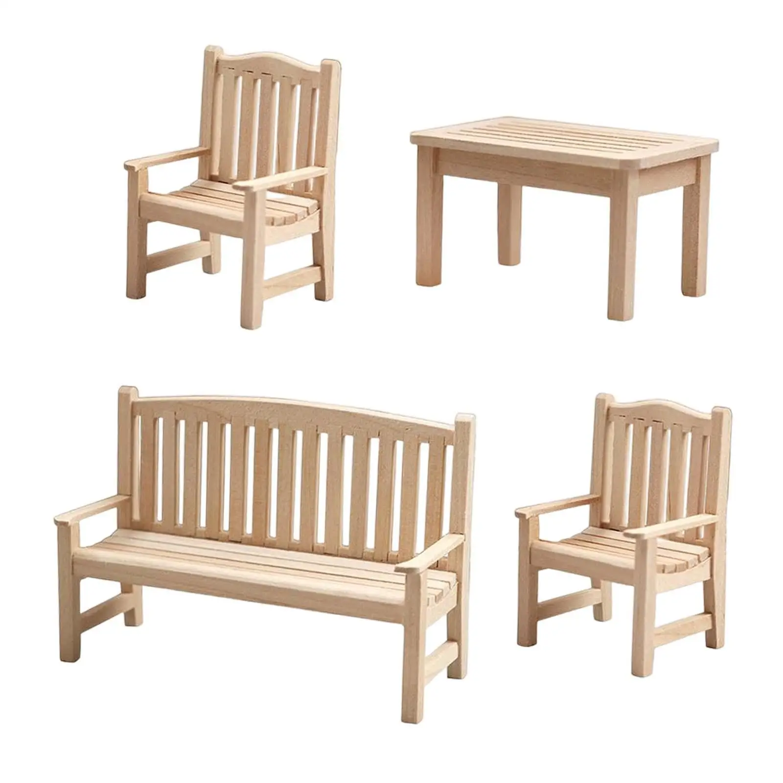 4 Pieces Miniature Garden Bench Set Furniture DIY Unpainted for 1:12 Dolls House