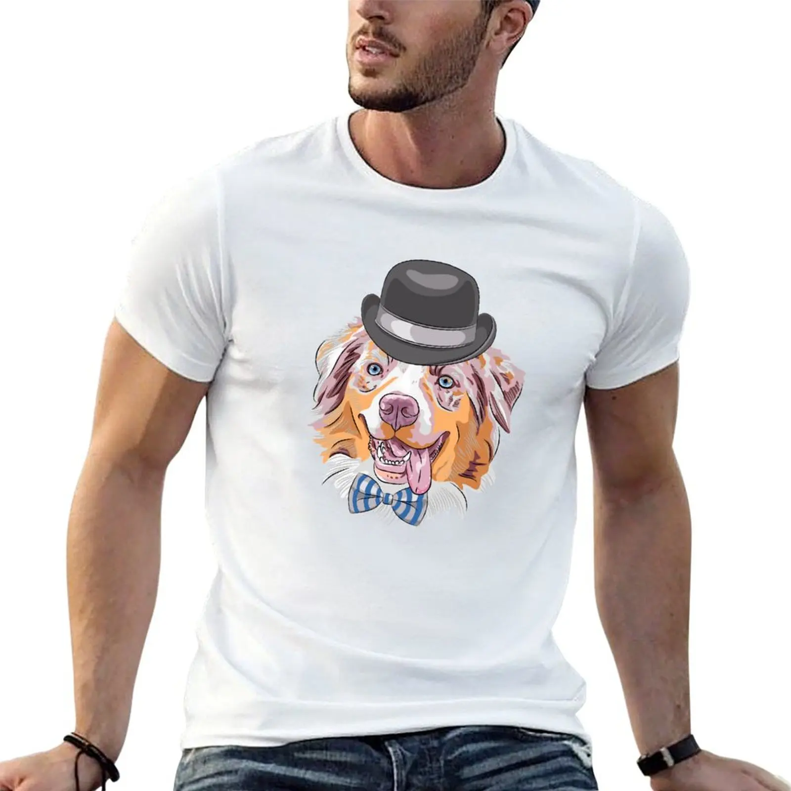 Camiseta con estampado de perro adorable, estilo australiano, color azul merle, con sombrero de copa y corbatín, camiseta de pastor australiano, camisetas de anime, camiseta oversize