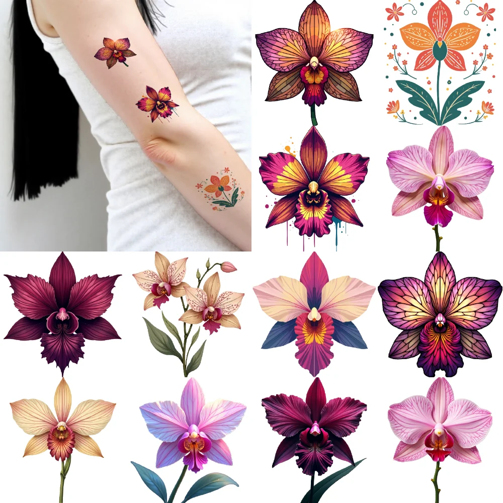 

28 шт., временные татуировки, наклейки с орхидеей, мультяшные цветочные наклейки, водонепроницаемые долговечные наклейки на тело для мальчиков и девочек