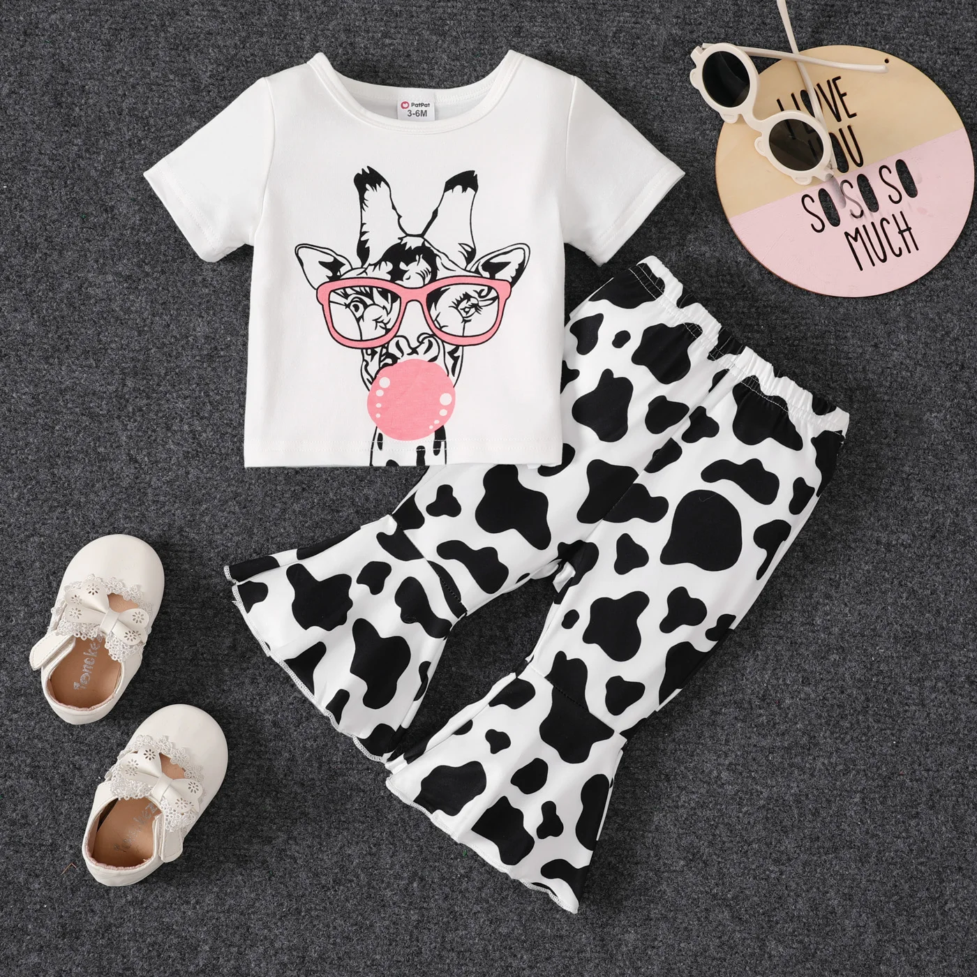 

PatPat 2pcs Baby Girl Cow Print Tee and Flared Pants Set