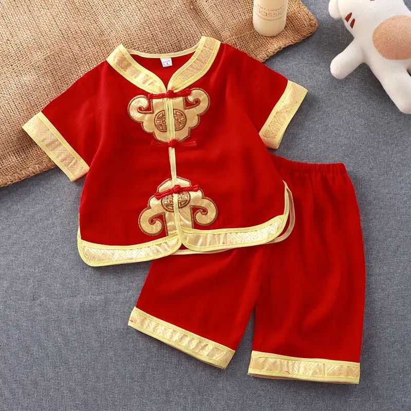 Sommerkleidung für Jungen, 2-teilig, chinesischer Tang-Anzug, Baumwolle, Kurzarm-Set, Drachen-Thema, Performance-Kostüm, Twin Kylin-Druck