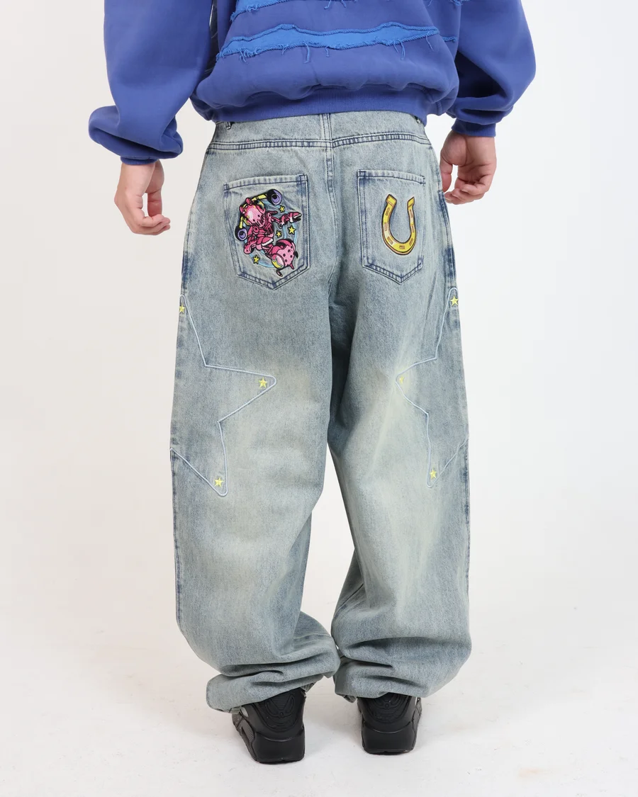 JoJo Johnny Embroidery Baggy Jeans Women Loose Fit Washed Denim Pants Y2K Men Streetwear High Waist Wide Leg Pants