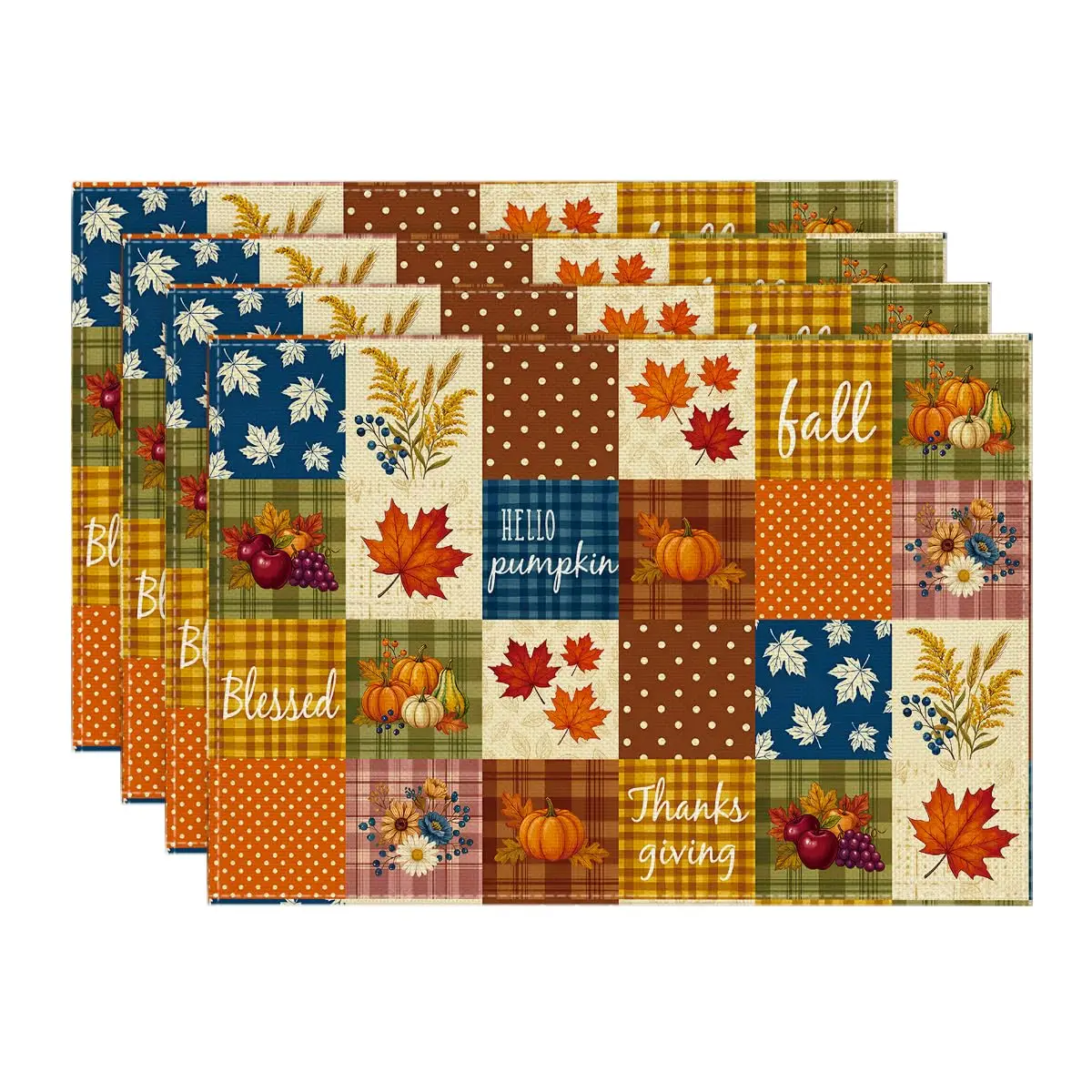 Hello Pumpkin Leaves Fall Placemats Set of 4-12 x 18 Inch Heat-Resistant Table Mats, Washable Seasonal Autumn Plaid Dining Decor