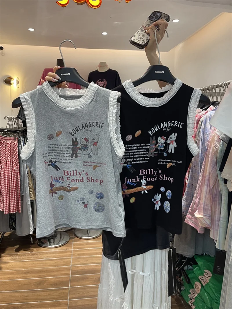 

Новый летний женский топ в американском ретро-стиле с круглым вырезом, кружевными вставками, без рукавов, милый, нежный, омолаживающий, в корейском стиле, для повседневной носки