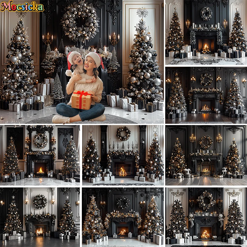 Mocsicka Xmas Indoor Fireplace Background Photography Christmas Tree Garland Decor Child Adult Family Photo Backdrop Studio