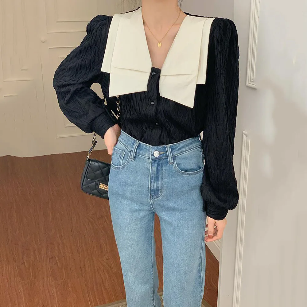 

French Ruffled Long Sleeves Short Shirt Women's Autumn 2022 New Sweet Ladies Blouses Fashion Double-breasted Shirt Trend Tops