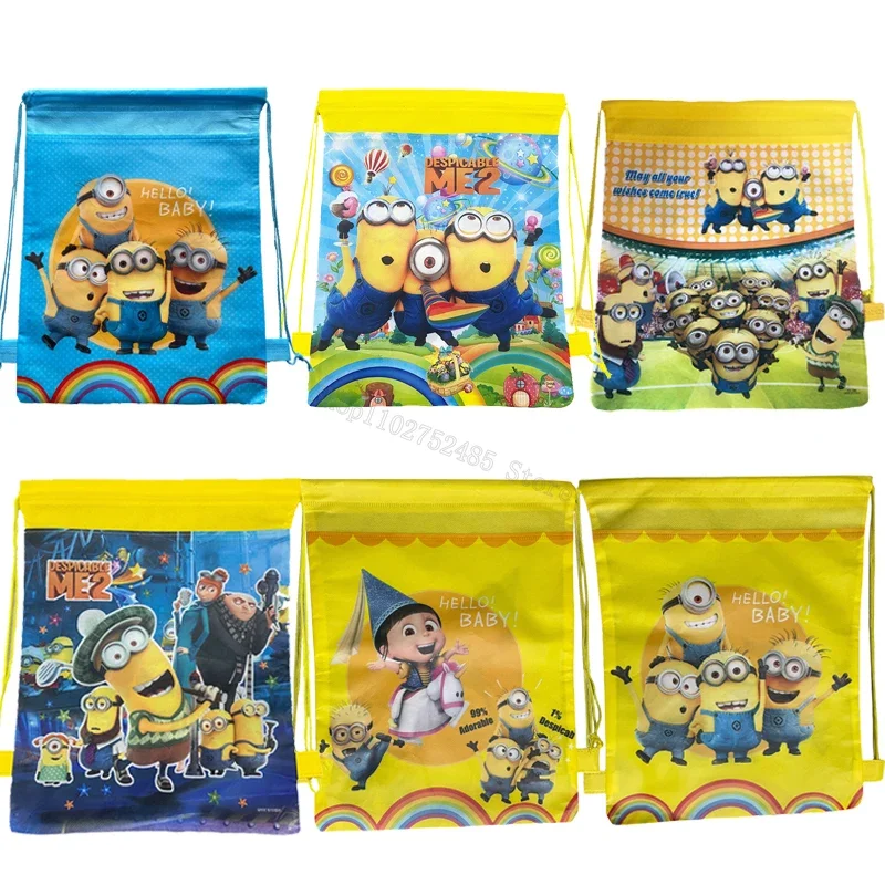 Minionses Cartoon Childrens Drawstring Backpack Despicabled Me Portable String Bag Non-woven Cute Party Gift Bags Storage Pouch