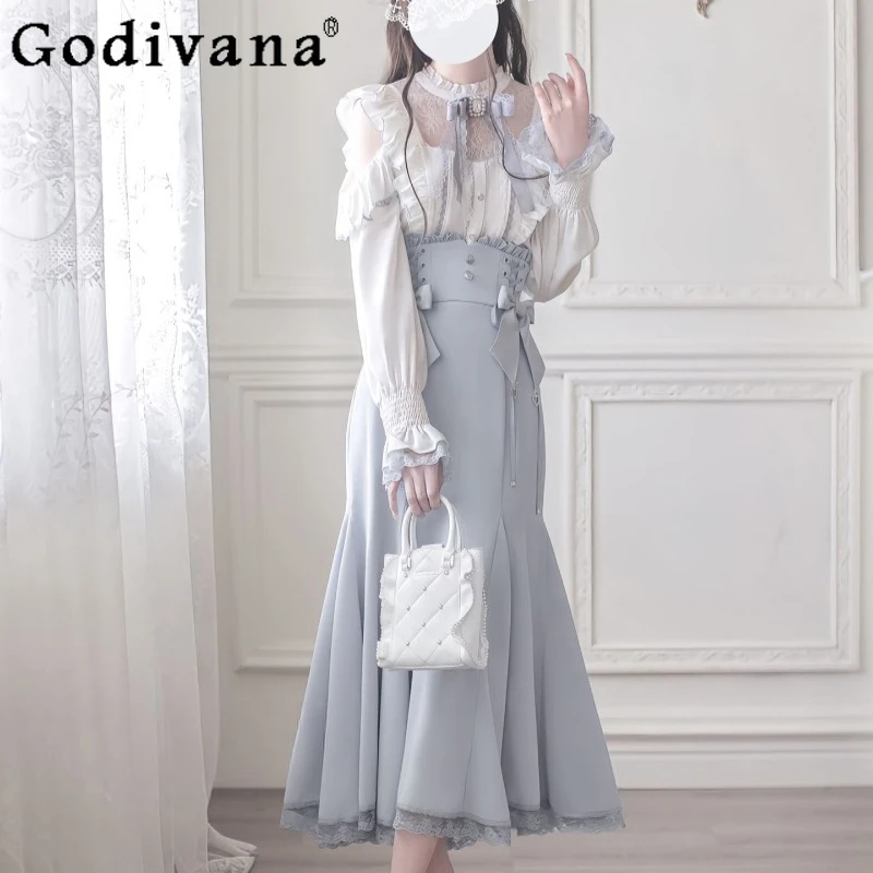 

Clear Series Japanese Style Outfits Women Long Sleeve Shirt Elegant Mermaid Skirt Suits Female Autumn New Lolita Sweet Set