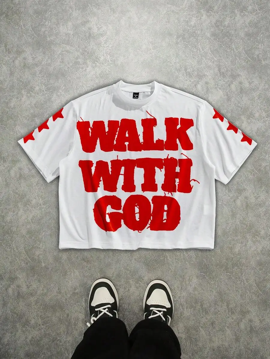 

White Cropped Graphic Tee with Bold Red Distressed Text and Star Print Sleeves