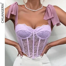 CHUANGERM Sexy Corset Women's Lace Up Bow Sling Sleeveless Inner Tank Top Hollow Out Mesh See Through Push Up Bustier Lingerie