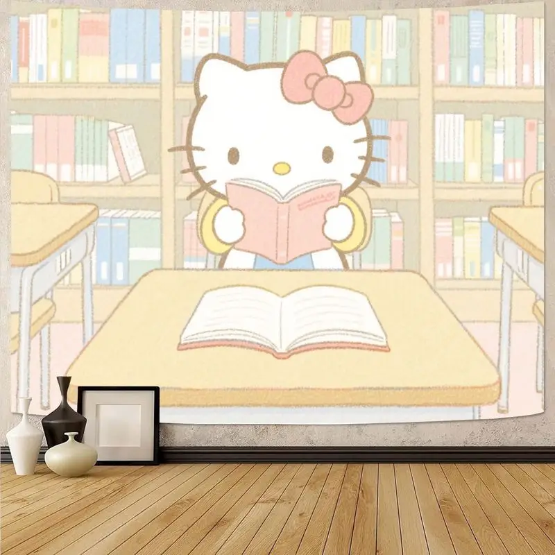 

1PC Sanrio Hello Kitty Reading Kawaii Tapestry, Cute Library Wall Art for Girls Room Dorm Decor, Student Gift Aesthetic