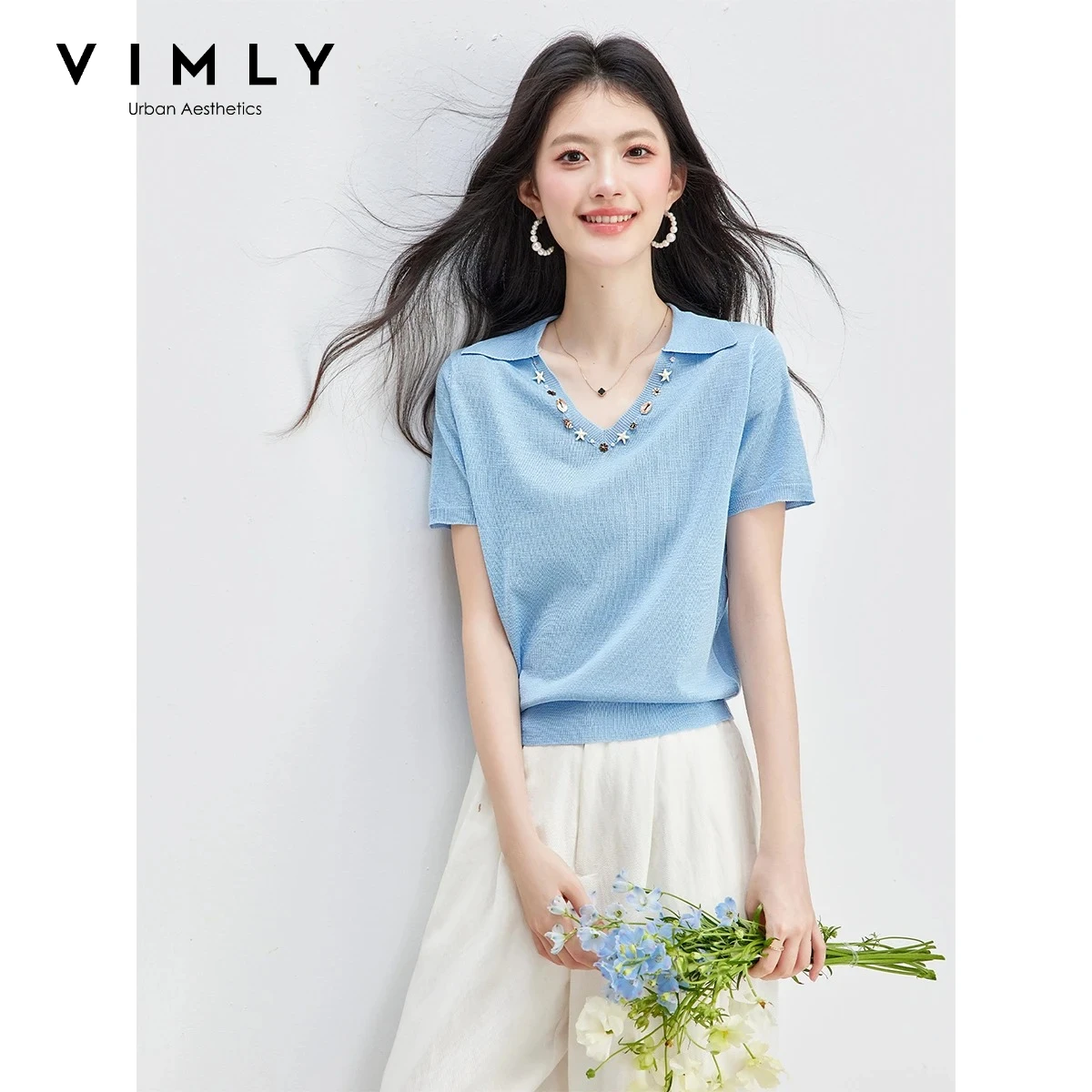 

VIMLY Versatile Blue Short Sleeve Women's T-Shirt Fashion Beaded Lapel Collar Loose Solid Casual Commute Summer Knit Top 75366