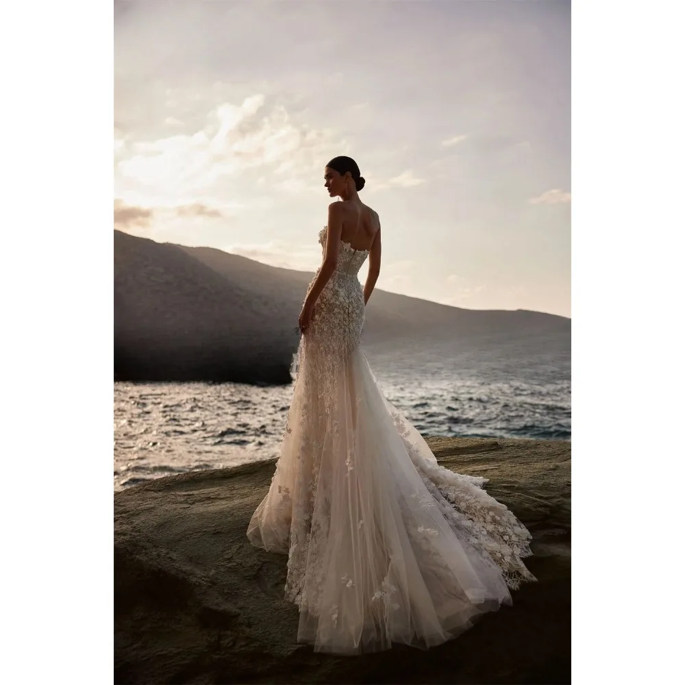 Charming 3D Flowers Wedding Dresses for Women Lace Appliques V-Neck Mermaid Bridal Gown Vestido De Noiva Customised
