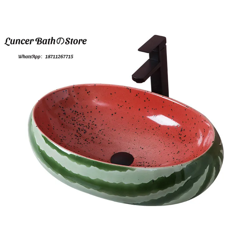 Watermelon Creative Countertop Basin, Large Oval Shape Hand Wash Sink for Balcony, Kindergarten, Kids Home Bathroom