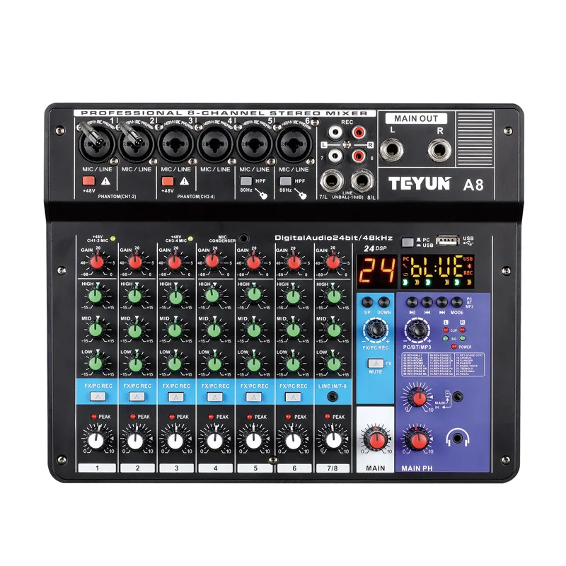 Nieuwe A8 Audio Mixing Console Sound Table Board met 8 kanalen, USB, Bluetooth, digitale MP3-computeringang, 48V fantoomvoeding