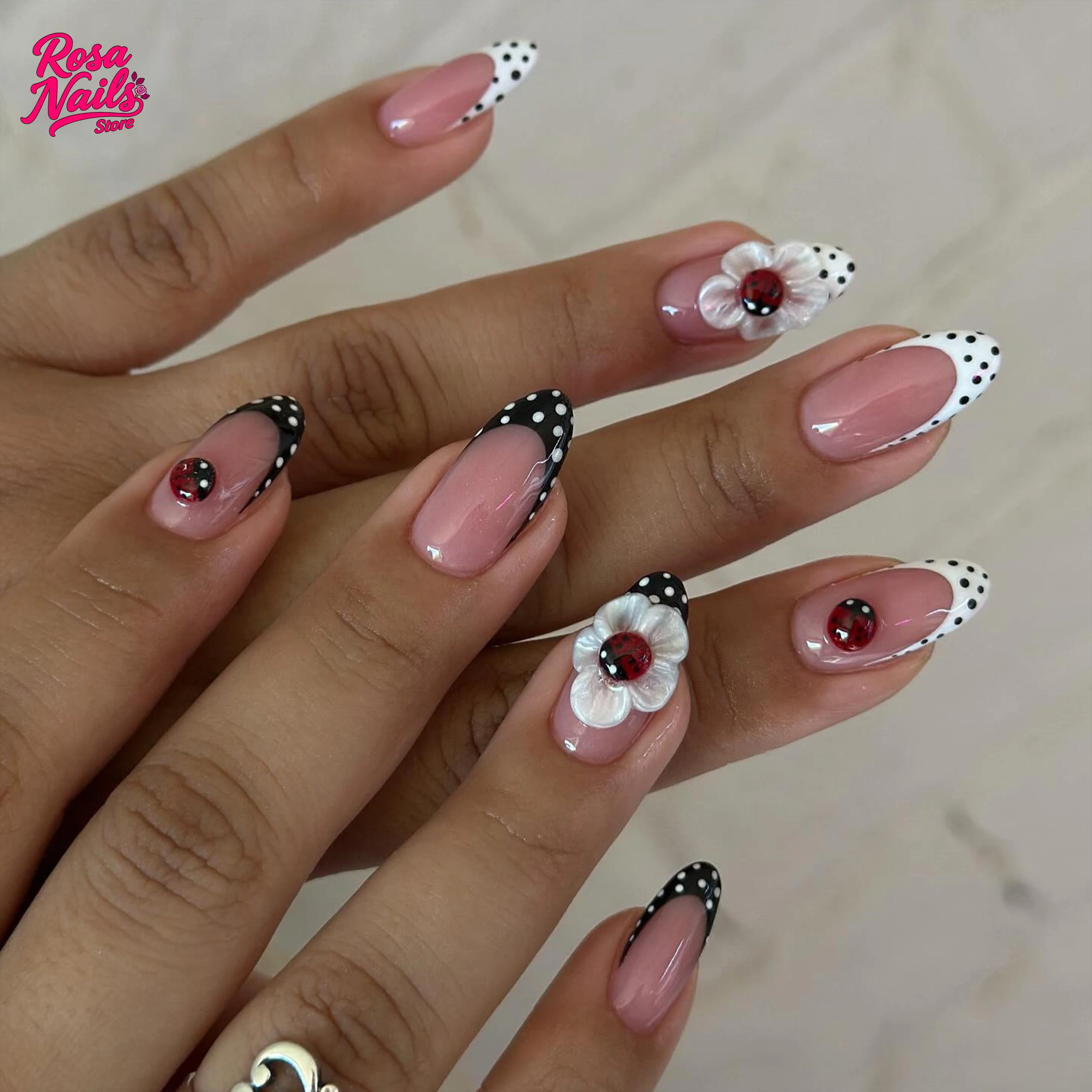 

Handmade Press on Nails Polka Dot Ladybug Black White Almond Nail Press Ons Polka Dots with a Lady Bug 3D Flower Acrylic Nails