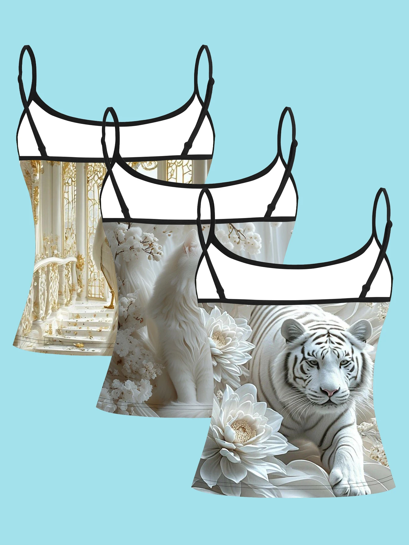 3-Pack of White Tank Tops with White Tiger, White Cat, and Lotus Palace Prints for Women, Featuring Thin Straps, in a Light Luxury and Cool Style, Slim Fit, Suitable as an Inner Layer