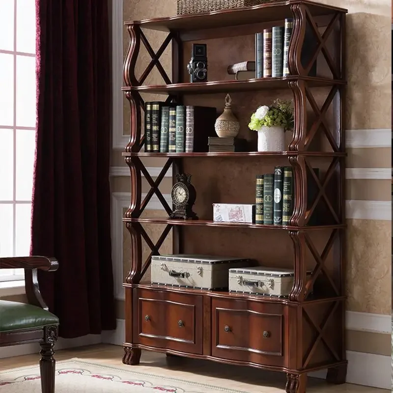 American rural bookcase doorless storage retro display rack antique bookcase classical engraved dark shelf