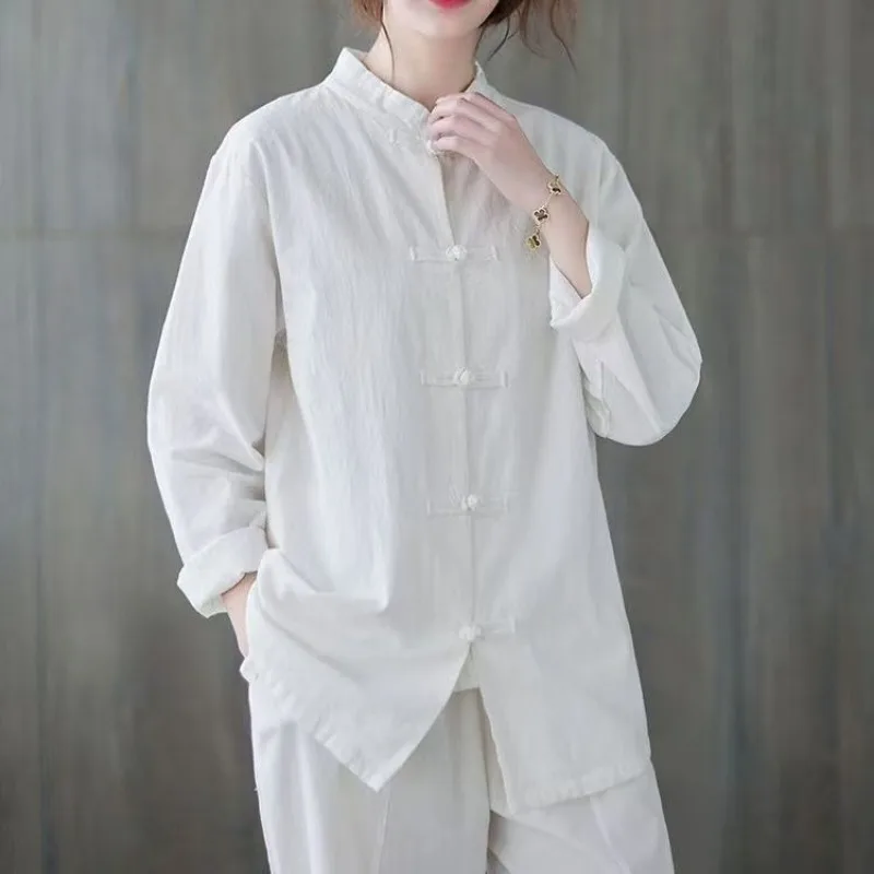 

Женская весенне-осенняя чайная одежда из хлопка и льна в стиле ретро, новый свободный комплект из двух предметов с воротником-стойкой в китайском стиле