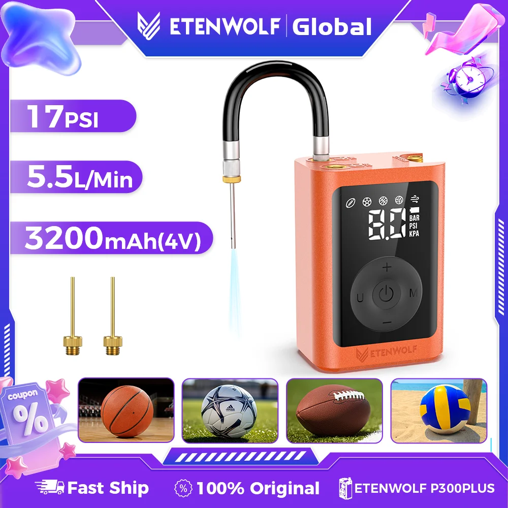 ETENWOLF P300 Plus Electric Ball Pump Inflation and Deflation Basketball Pump with 3200 mAh Battery Air Pump for Sports Balls