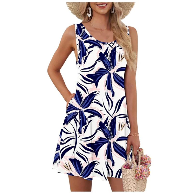 Women Summer Dresses Casual Loose O-Neck Sleeveless Short Dress With Pockets Holiday Vacation Print Beach Sundress Plus Size 9XL