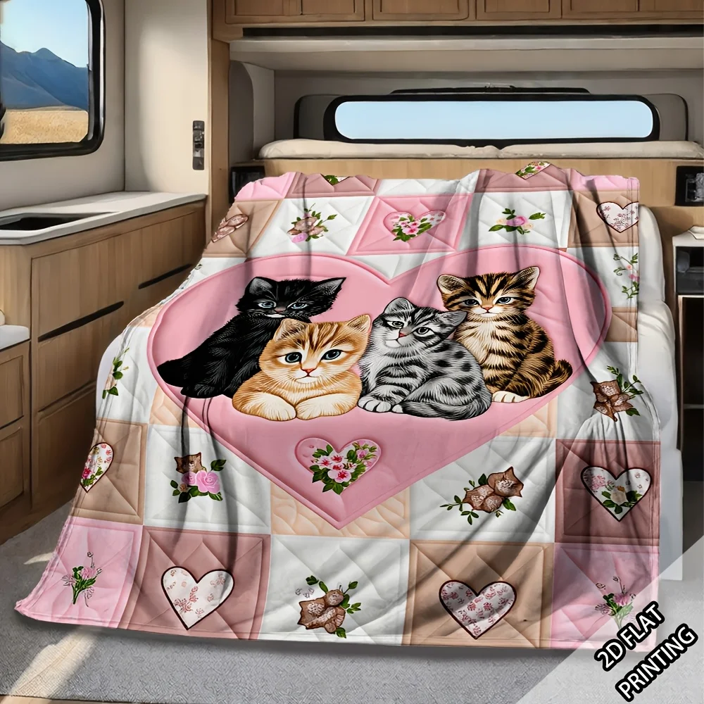 (2D Digital Printing) 1pc Cute Three-cat Cartoon Pink Heart-shaped Floral Pattern Blanket, Designed as a Warm and Healing Series