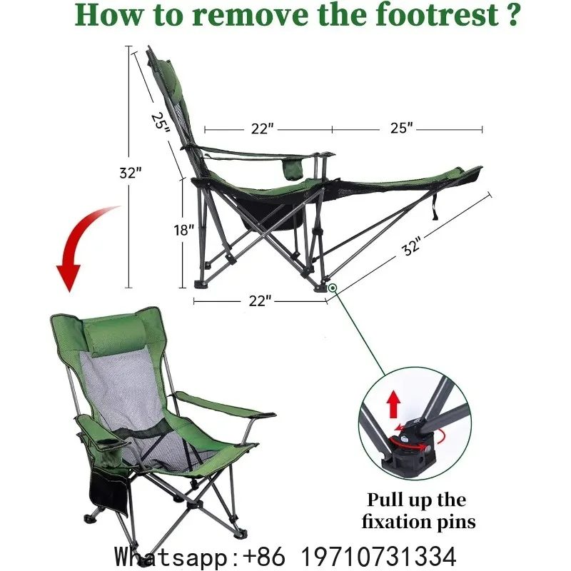 Camping Lounge Chair, Portable Reclining Camping Chair, Folding Camping Chair with Footrest,Headrest & Storage Bag