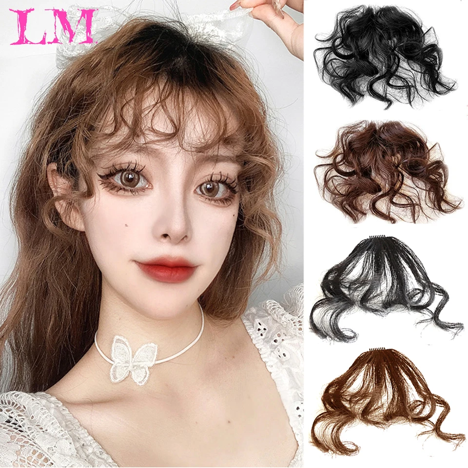 LM-flequillo de pelo liso rizado para mujer, Clip de estilo Natural, negro, marrón oscuro, marrón claro, fibra sintética resistente al calor,