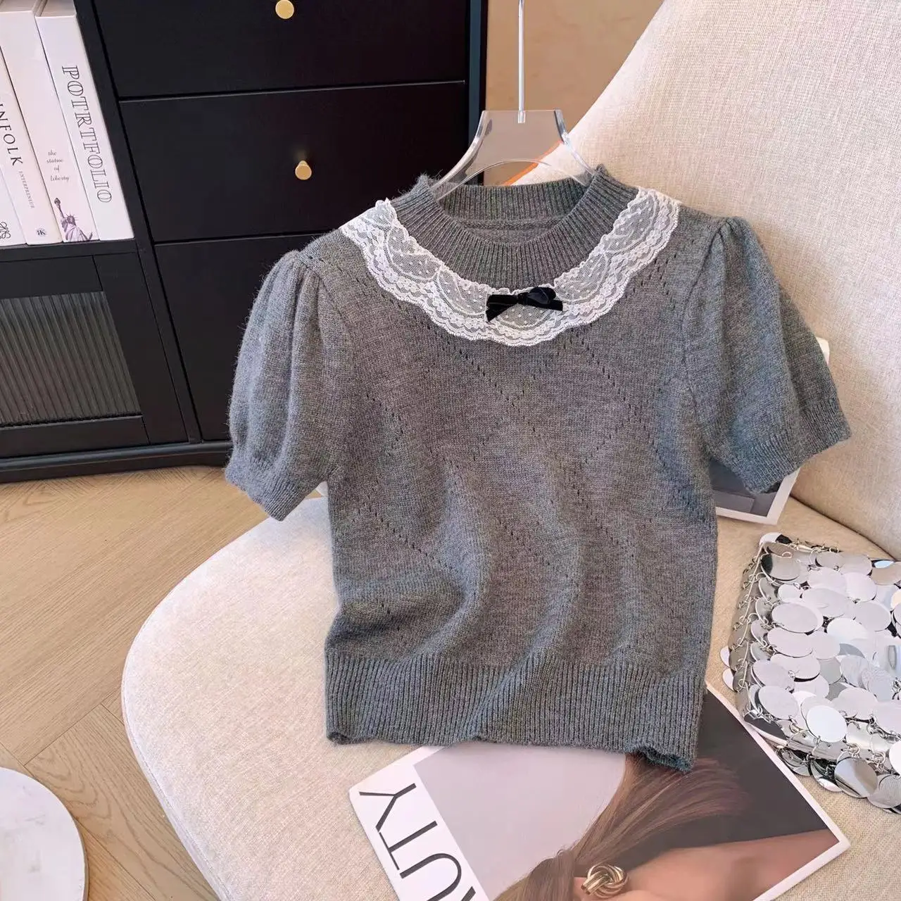 Grey Korean Style Sweater Pullovers Women Knitted Tops Short Sleeve Lace Bow O-neck Knitwear 2024 Summer Elegant Fashion Jumpers