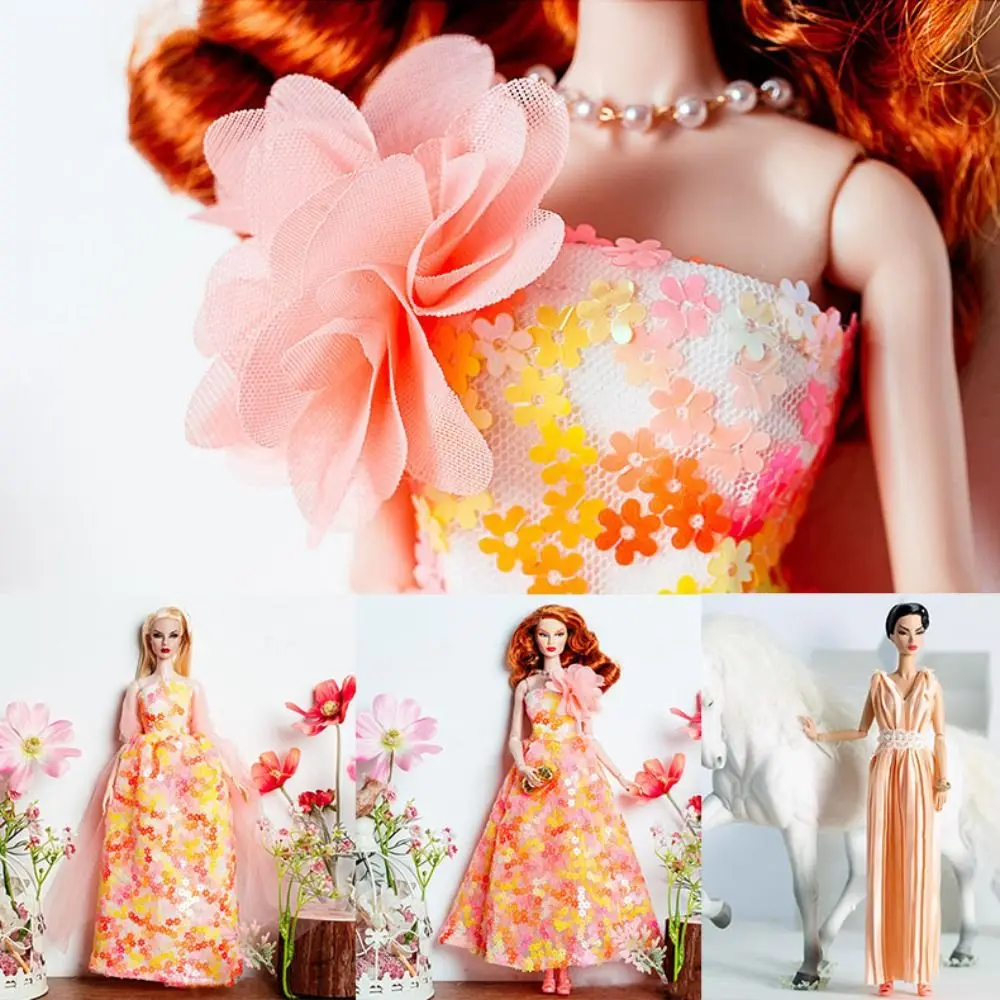 Moda europeia vestidos de renda rosa com xale sapatos colar luxo elegante vestido de noite para 1/6 bjd 30cm supermodelo bonecas