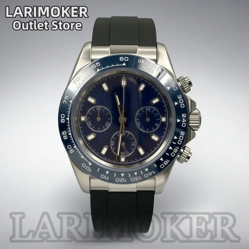 LARIMOKER 39mm Men's Watch VK63 Quartz Movement Three Eye Chronograph Dial Sapphire Crystal Waterproof Steel Case Rubber Strap