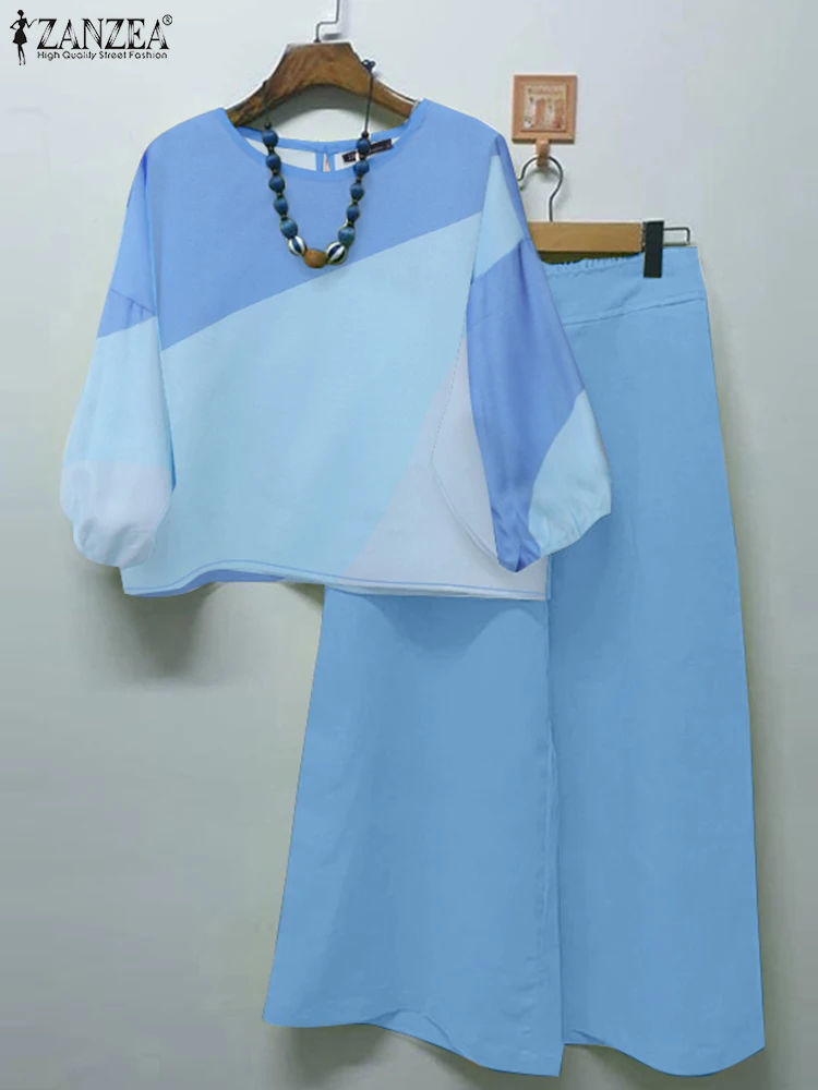 

2PCS Women Pant Sets ZANZEA Summer Elegant 3/4 Sleeve Printed Blouse Trousers Suit Casual Work Tracksuits Fashion Woman Outfits