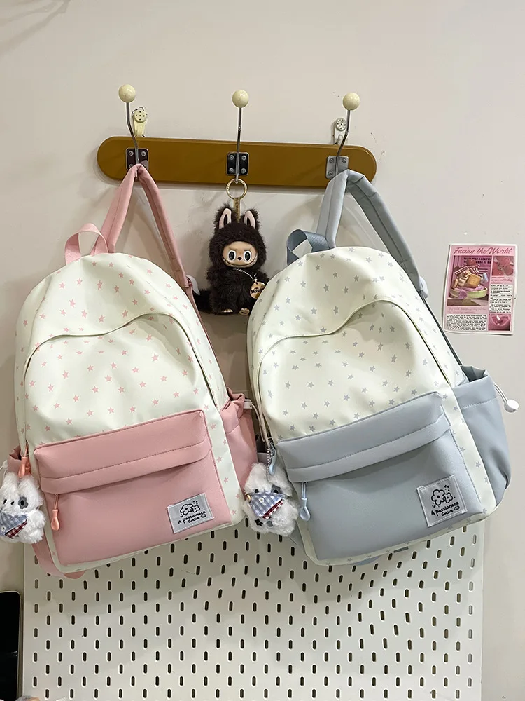 Fresh Star Print Backpack Color Block Large Capacity Student School Bag Junior High School Girls Casual Campus Travel Daypack