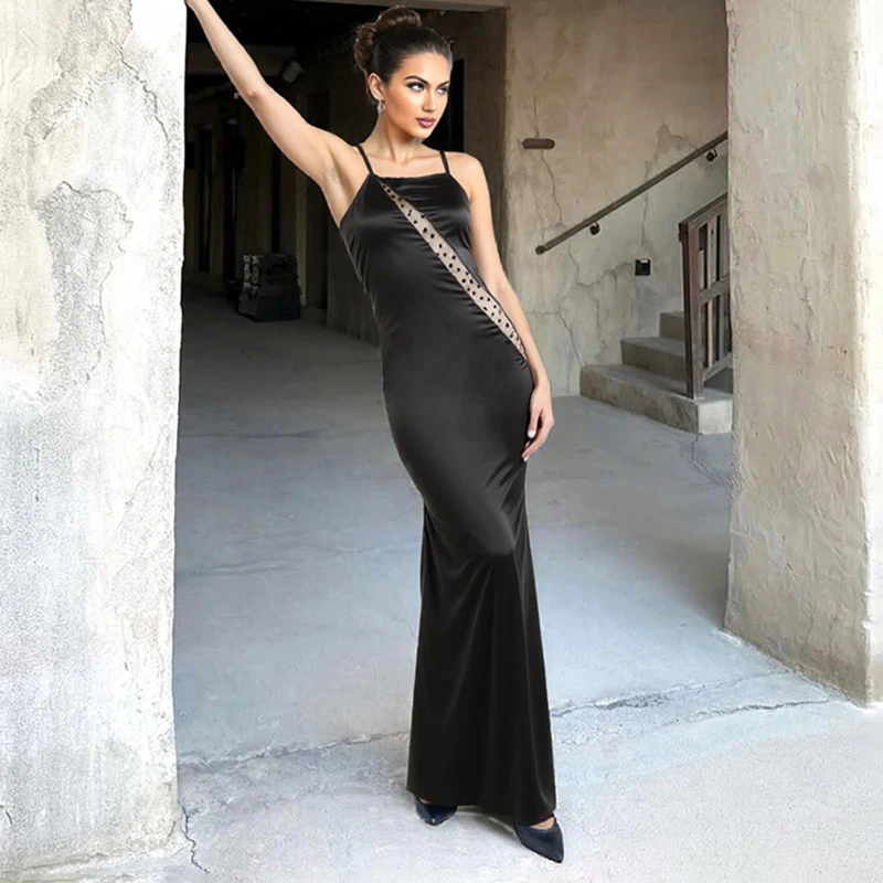 

Typhaland Mesh Splice Satin Sling Dress Lady Sleeveless High Waist Slim Dress Elegant Sexy Spaghetti Strap Dress 2026 Summer New