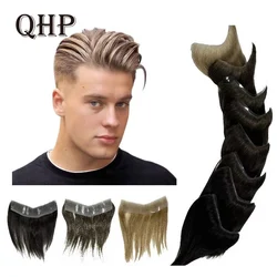 QHP Wigs Human Hair Toupee PU V Style Frontal Hairline 100% Density Hairpiece Men's Capillary Prosthesis Hair Replacement System