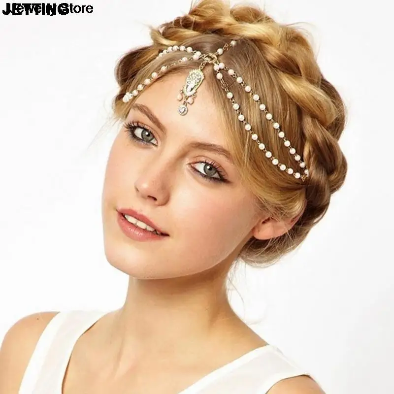 جديد 1 قطعة الشعر الديكور الأزياء الهندي بوهو الذهب اللون رئيس سلسلة اللؤلؤ الكريستال رئيس اللباس غطاء الرأس للنساء الشعر مجوهرات