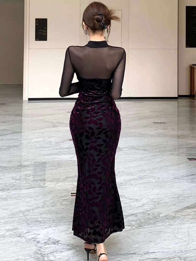 2025 preto jacquard retalhos malha pura sexy vestido longo feminino elegante vestido de noite de luxo outono inverno coreano bodycon vestidos