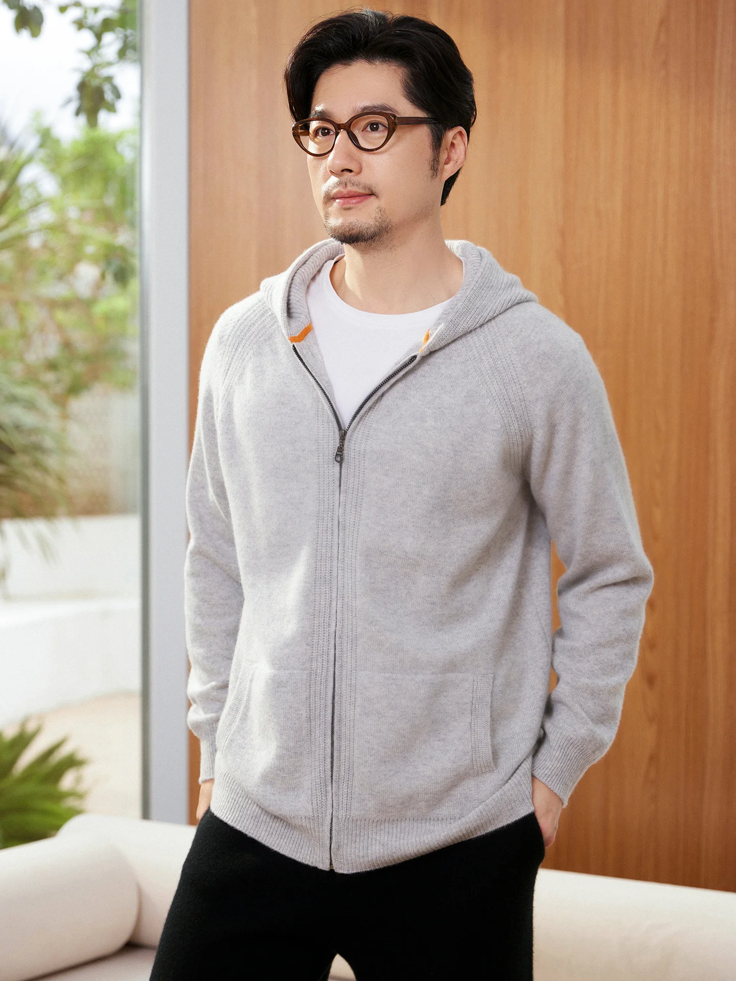 Men's Pure Cashmere Cardigan Sweater Soild Hooded Zipper Raglan Sleeve Knit Jacket Autumn Winter Thickened Casual Loose High-end