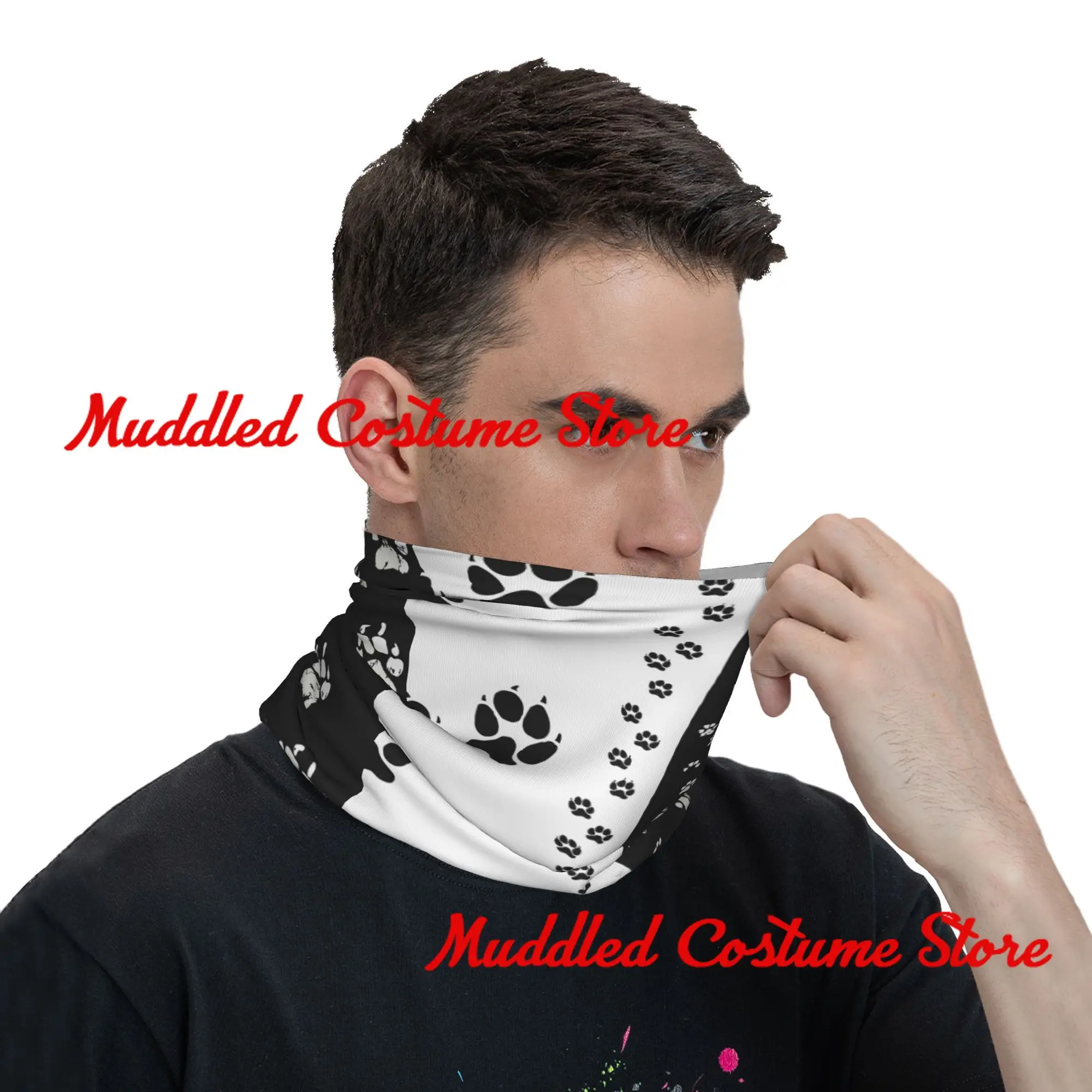 Zwart Wit Hond Pootafdruk Bandana Winter Nekwarmer Dames Winddichte Wrap Gezichtssjaal voor Wandelen Dierenbeenkap Hoofdband