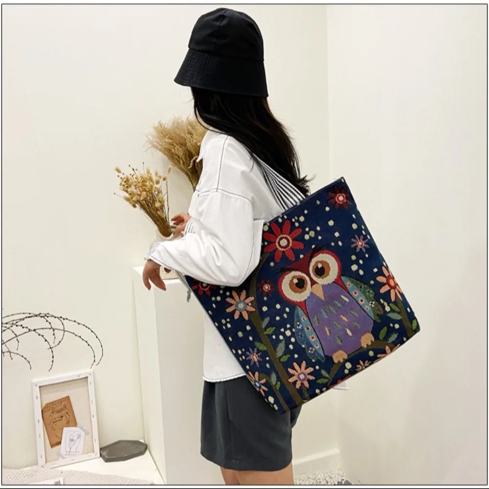 Large Capacity Women Shoulder Bag Fashion Cat Printing Embroidery Handbag Canvas Crossbody Bag