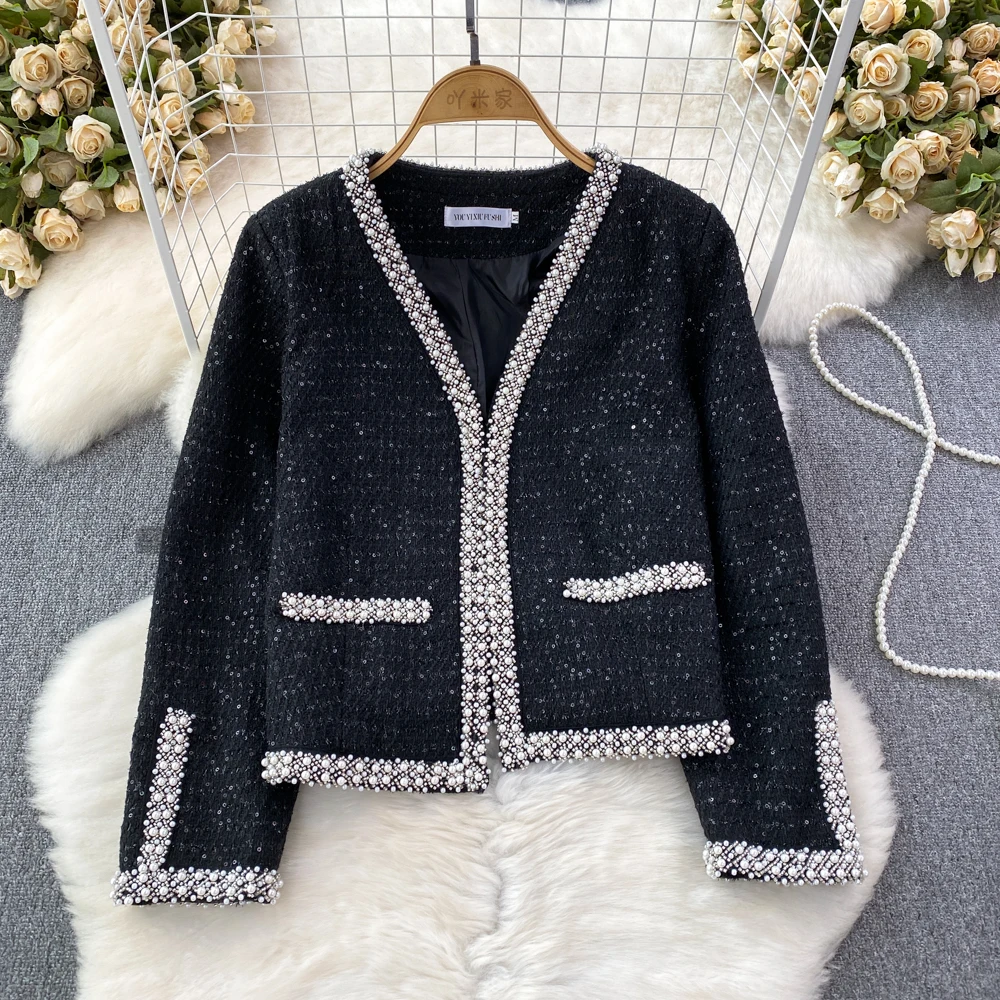 2023 New Autumn/Winter Women's Coat Personalized Beaded Sequins Sparkling V-neck Jacket Charming High Street Commuter Cardigan