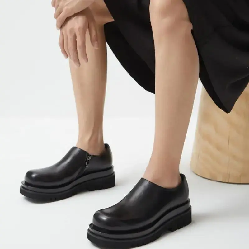 

Round Toe Height Increase Genuine Leather Shoes Men High Heels Fashion Platform Design Casual Shoes Mens Daily Office Work Shoes