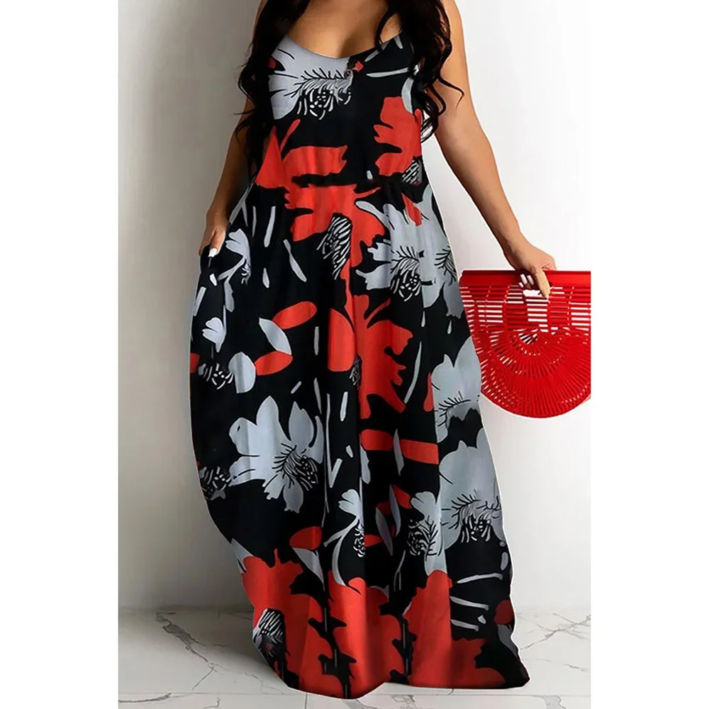 Robe Maxi Décontractée à Fleurs Rouges, Camfiri, Grande Taille, Vacances d'Été, Printemps, 03