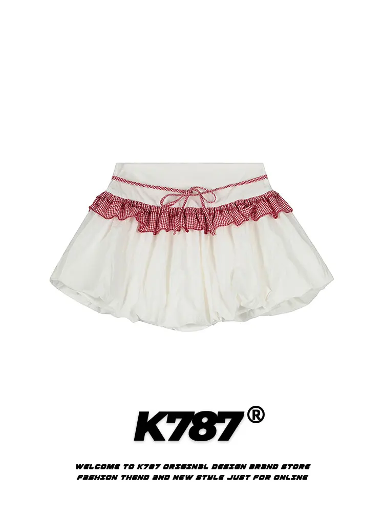 

K787 Sweet Sister Plaid Splicing Ribbon Cake f Skirt Women's Sweet High Waist Slim A-Line Fluffy Flower ort Skirt