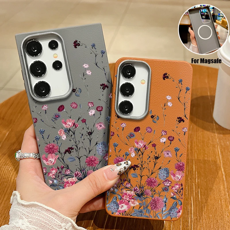 Retro Flowers Print Case For Samsung Galaxy S25 S24 S23 Ultra S22 Plus S21 S24 FE For Magsafe Wireless Charge TPU Leather Cover