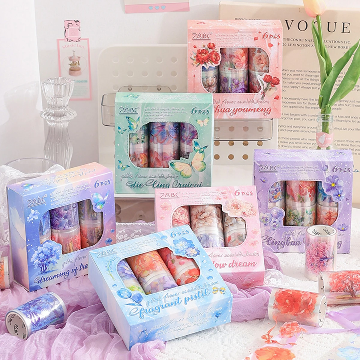 

6 rolls/box floral plant pattern PET material tape set, suitable for DIY notebooks, cup decoration and collage supplies.