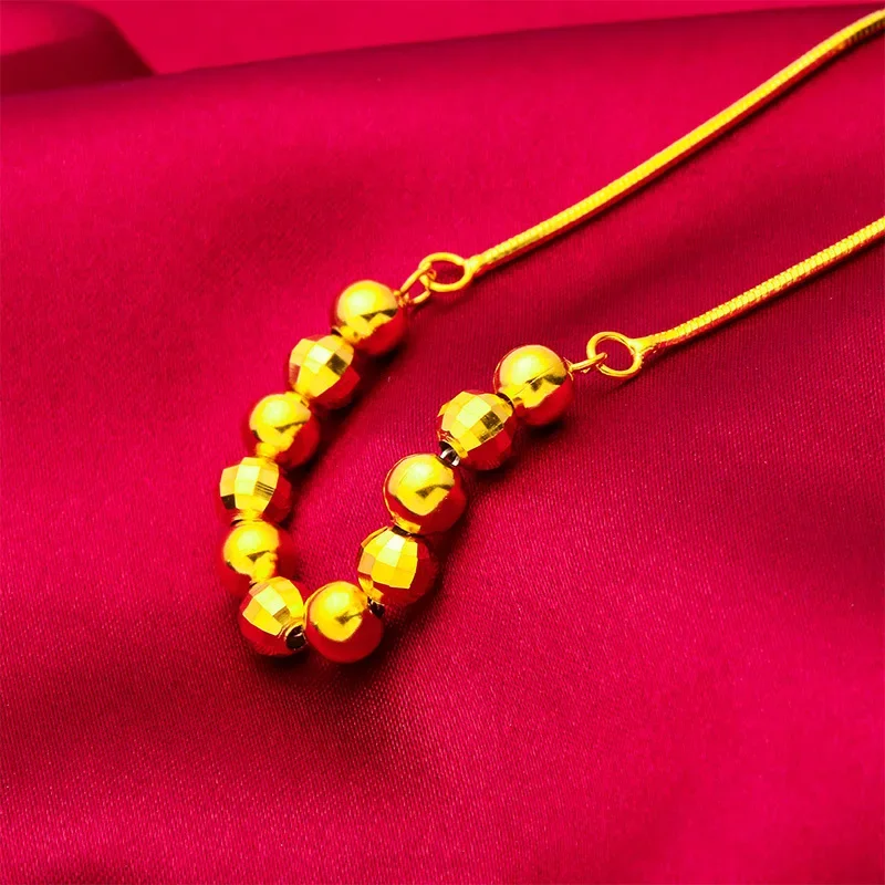 100% 24K Real Gold Plated Lucky Beads Bracelet Necklace Jewelry Set Women's Collarbone Chain Hand String Female Beautiful Gifts