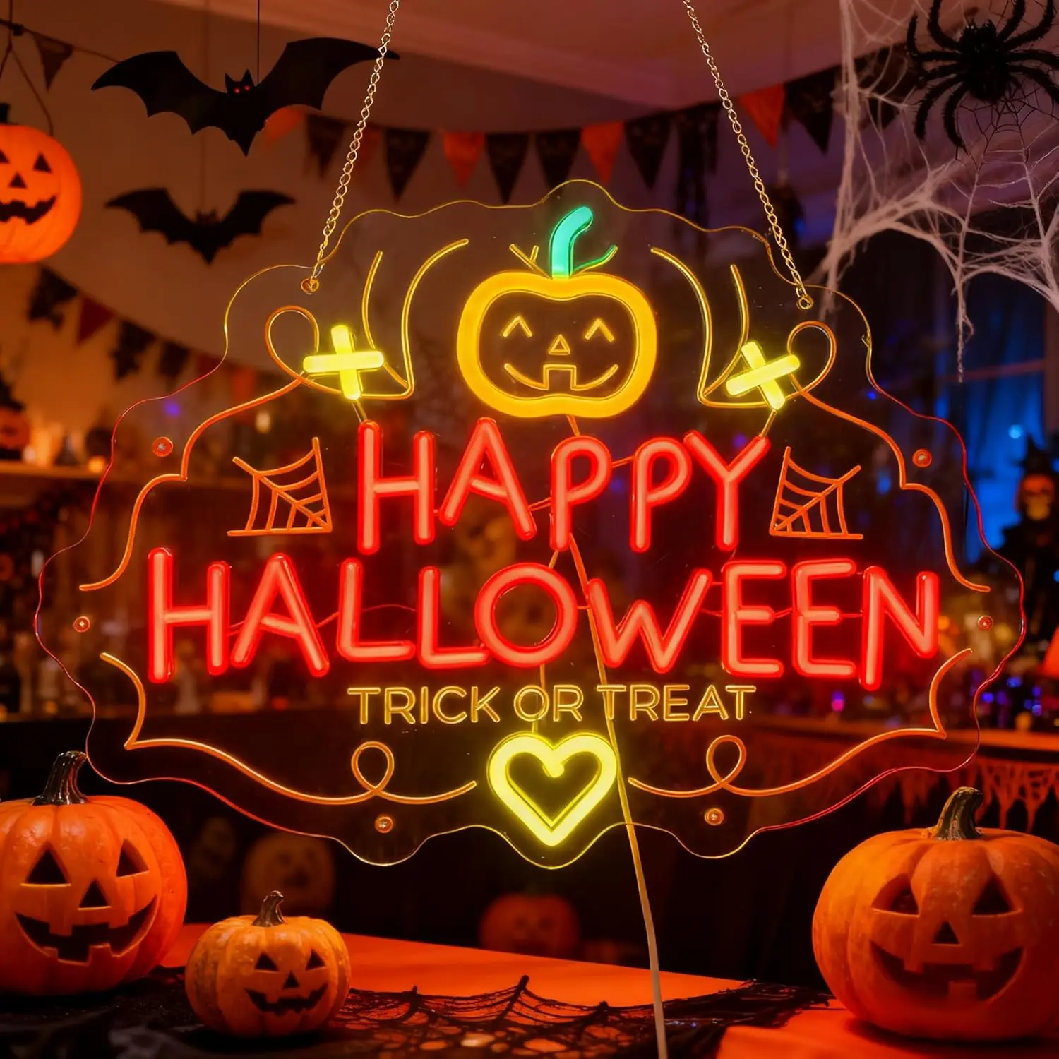 Halloween-neonbord, pompoenvorm met 'HAPPY HALLOWEEN'-belettering, LED-neonlicht feestdecoratie voor thuisbar spookhuis