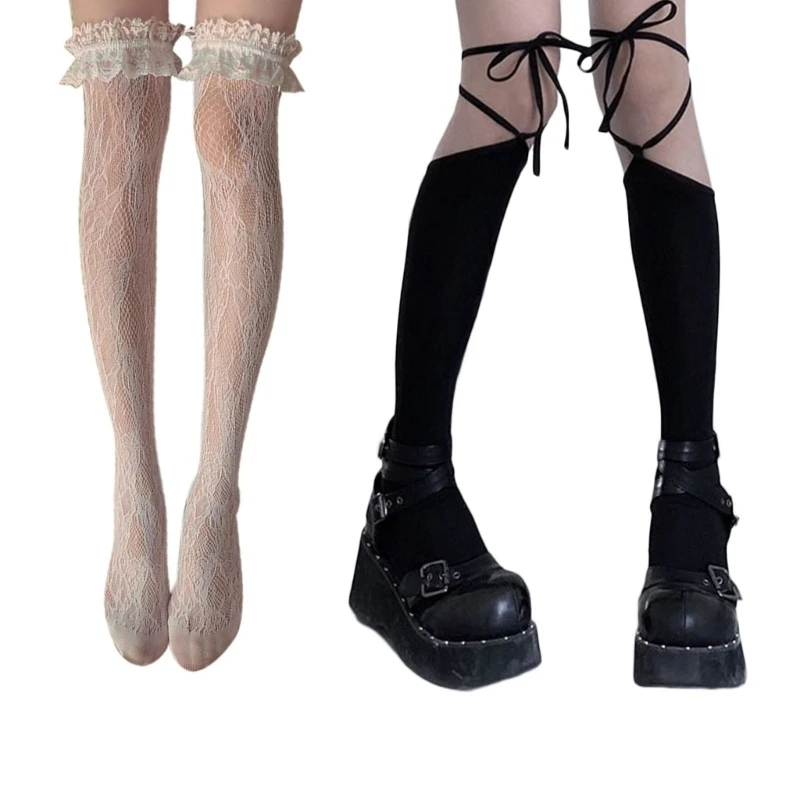 

Womens Mesh Sheer Lace Socks Solid Color Calf Socks Novelty Decorated Socks Nylon Transparent Sock Knee High Socks